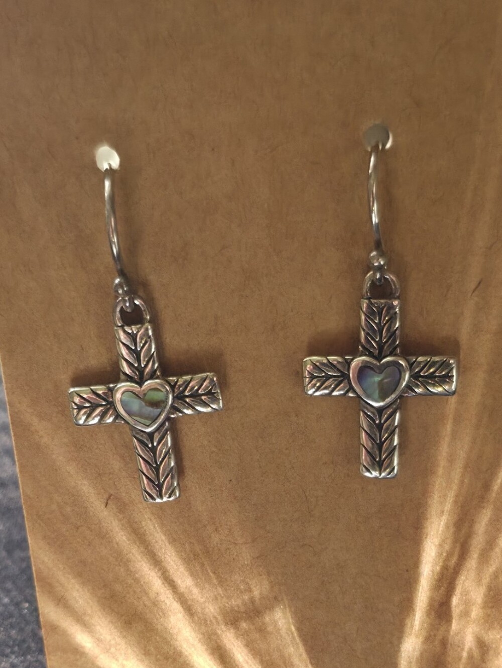 Sterling 925 Cross Drop Earrings with Heart Abalone Accent ATI -USA Based Taxco